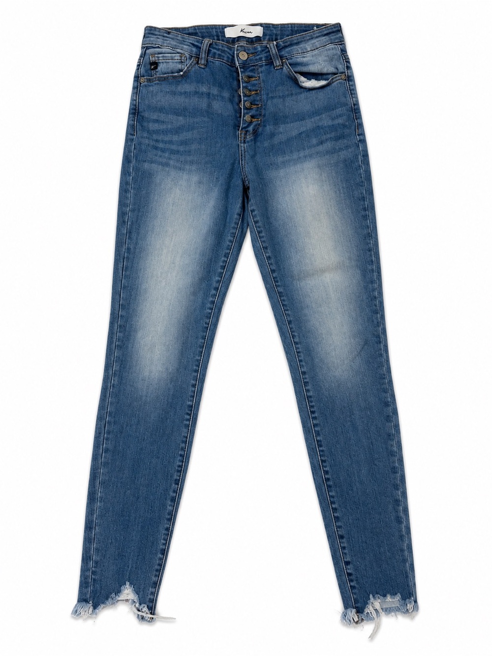 KanCan Faded Blue Straight Leg Button-Fly Jeans with Distressed Hem